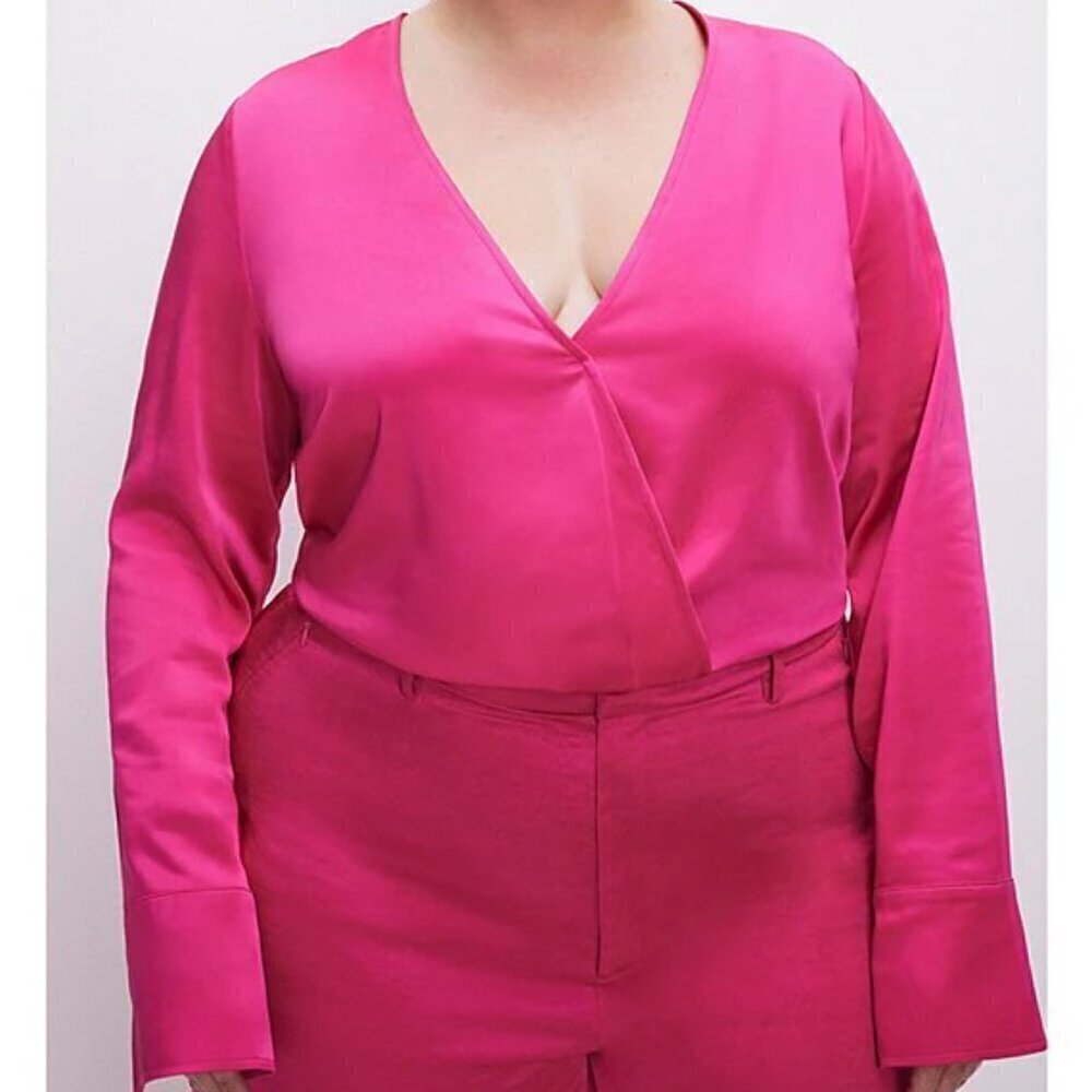 Good American V-Neck Top Women's Size 3XL Pink Satin Wrap Long Sleeve